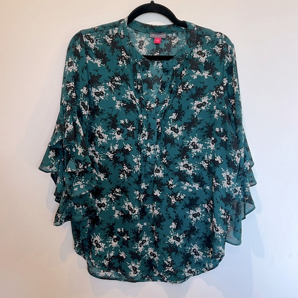 Ruffle Sleeve Split Neck Blouse In Rich Spruce - Picture 2 of 3